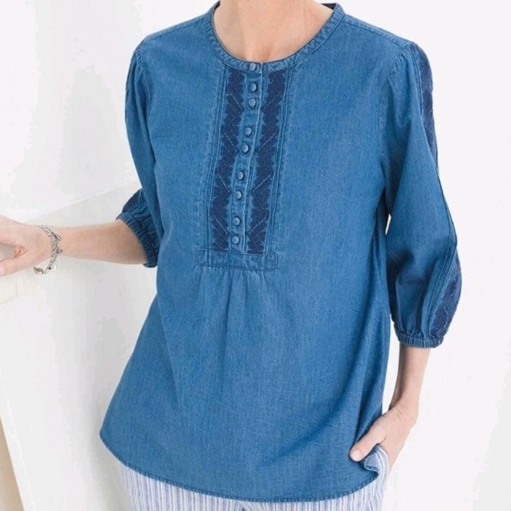 Chico’s Blue 3/4 Sleeve Embroidered Denim Chambray Popover Blouse Top XL